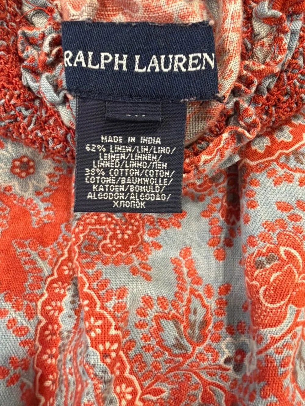 Ralph Lauren Girls Paisley Smocked Dress Red Blue Short Sleeve Ruffle Hem 6X